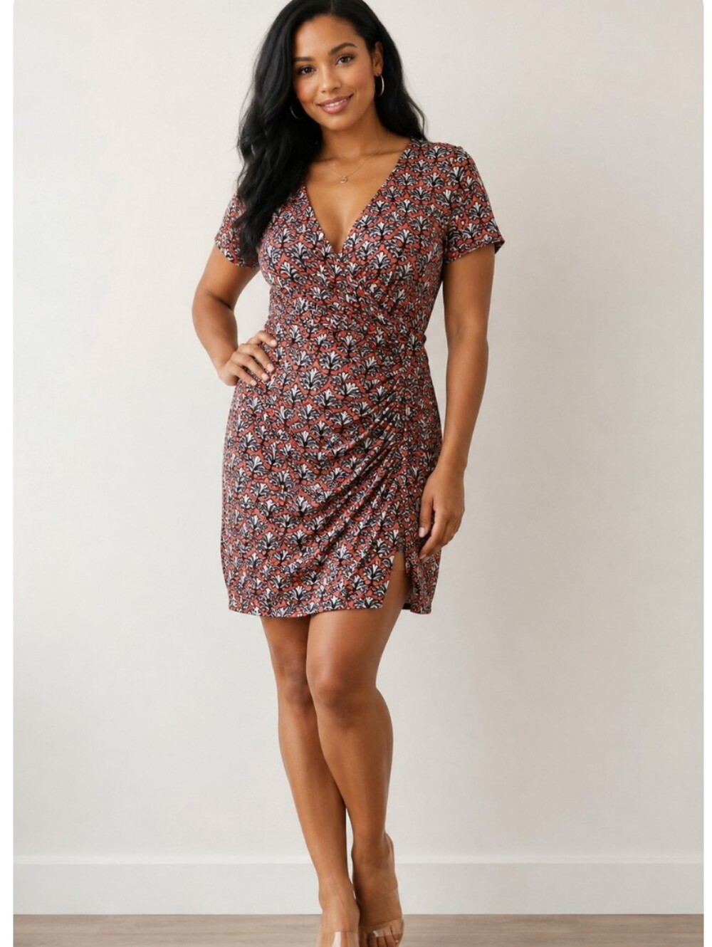 JBS Women's Wrap Ruched Printed V-neck Mini Dress